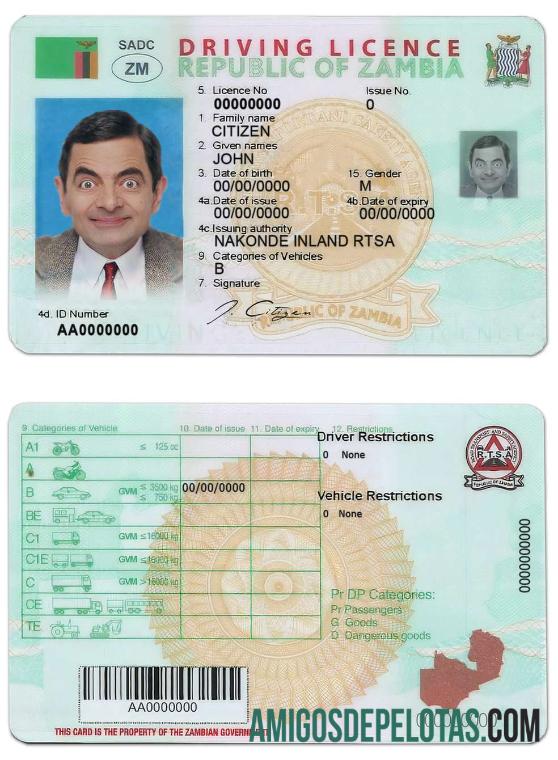 Carta de condução da Zâmbia exemplo real